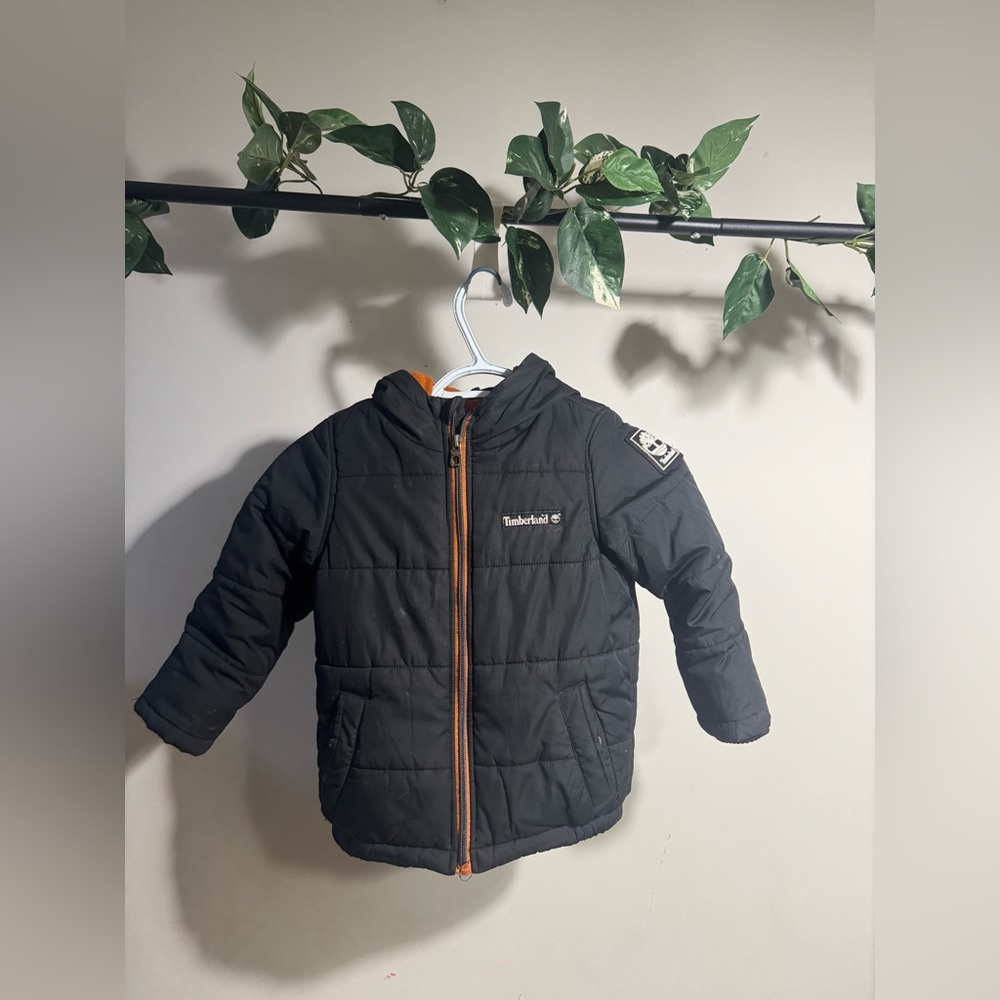 Kids Timberland Black Puffer Jacket with Orange Accents
